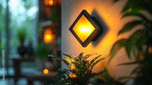 Modern wall light illuminating a stylish living room with autumn scenery outside