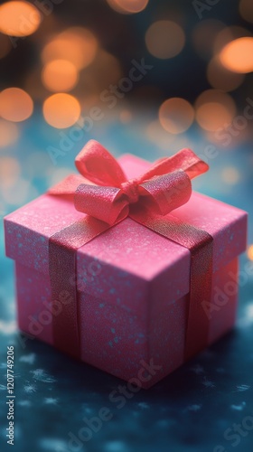 Festive blue gift box with ribbon surrounded by sparkling decorations