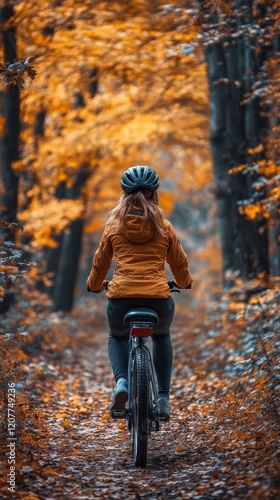 Biking through a tree-lined path adorned with autumn leaves in a peaceful set...