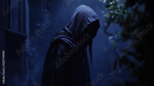 Enigmatic hooded figure cloaked in shadows amidst a dark blue and black atmospheric environment with soft ethereal lighting and lush green foliage. photo