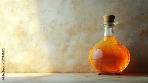 Decorative glass bottle filled with amber liquid on a rustic surface in soft ...