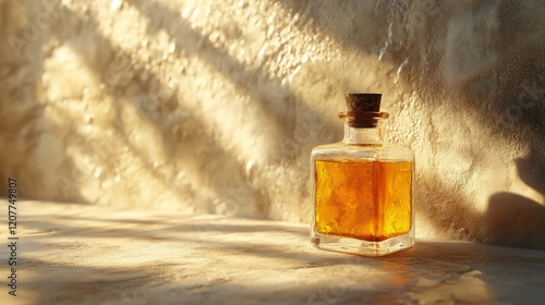 Decorative glass bottle filled with amber liquid on a rustic surface in soft ...