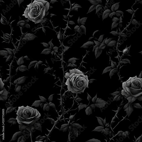 Seamless Pattern - Monochrome roses on thorny vines, dark background.
