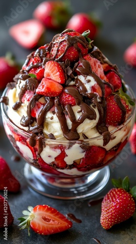 Delicious dessert bowl filled with strawberries and chocolate sauce on wooden...
