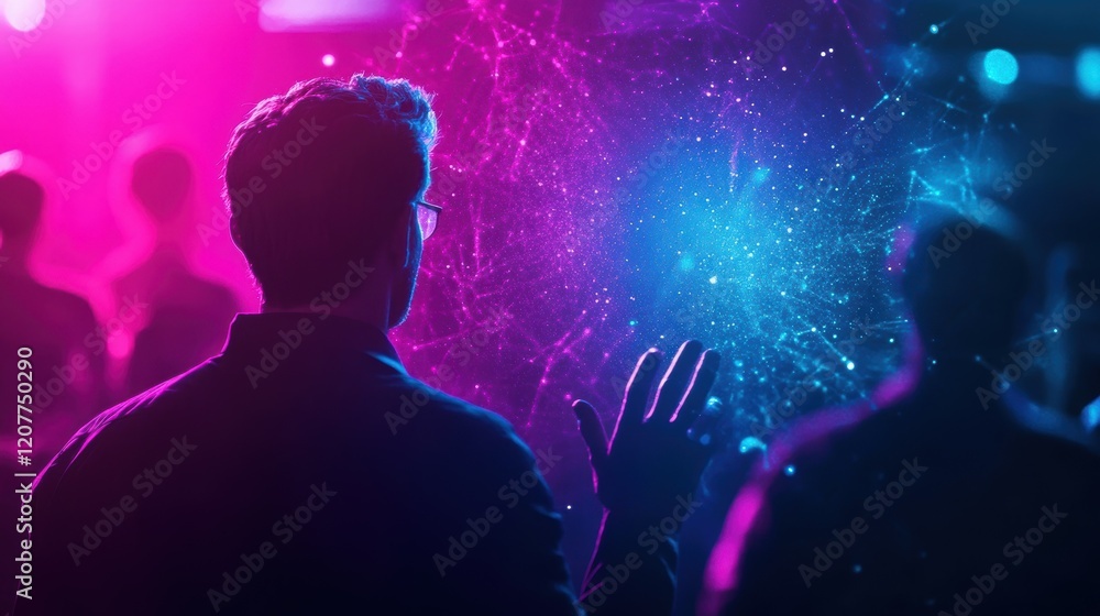 Obraz premium Businessman wearing glasses interacting with futuristic glowing network interface in immersive digital environment, exploring augmented reality, big data, innovation, and technological advancement