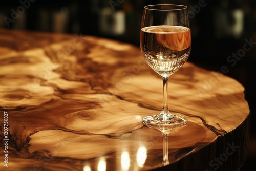 Elegant glass of white wine reflecting light on a wooden table in a cozy setting