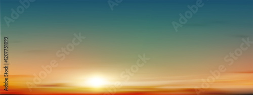 Sunset, Sky blue background,Summer sundown,clear sky in orange,yellow over sea beach.Vector cartoon nature background Sunrise sky,bright Sunlight,Horizon landscape Golden hour dramatic dusk sky