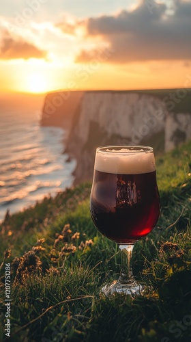Enjoying a refreshing drink at sunset by the coastal cliffs during golden hour