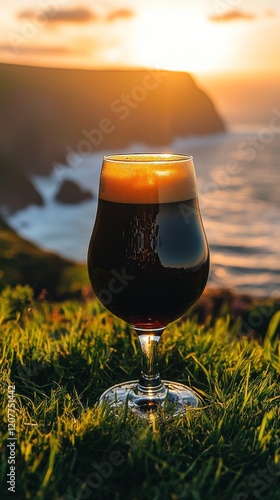 Enjoying a refreshing drink at sunset by the coastal cliffs during golden hour