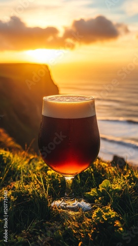 Enjoying a refreshing drink at sunset by the coastal cliffs during golden hour