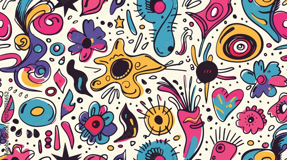 Naklejka premium Vibrant Doodle Seamless Pattern Vector Illustration