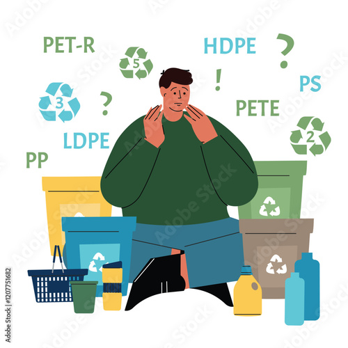 Questions about the types of plastic and their meaning. Sorting plastic. Zero waste vector concept, template, design for banner, card, poster Sustainable lifestyle