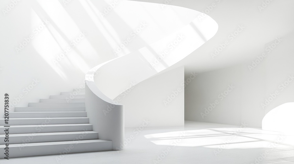 Obraz premium Minimalist White Interior Mockup Featuring Curved Staircase and Natural Light Design Concept for Modern Architecture Spaces