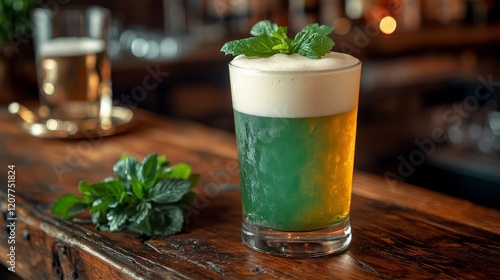Bright green drink with foam on wooden bar counter in lively pub atmosphere
