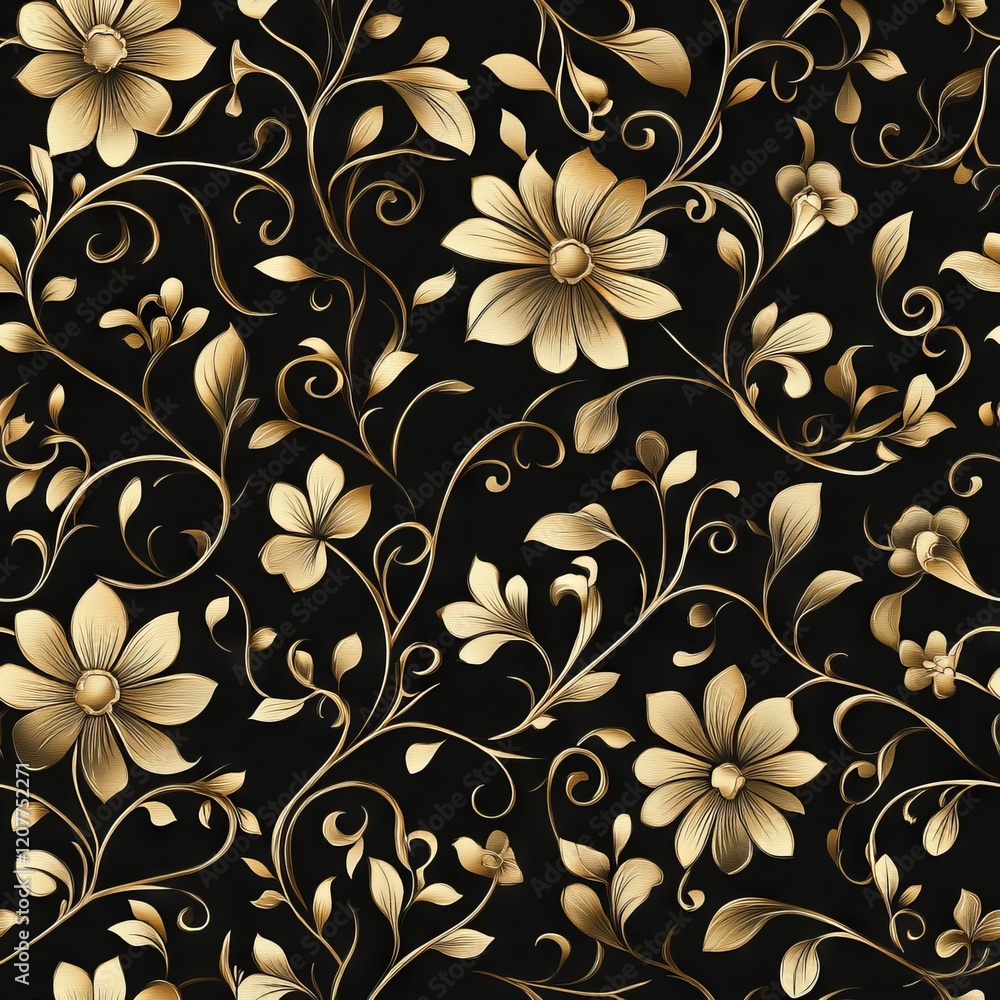 custom made wallpaper toronto digitalSeamless Pattern - Elegant gold floral pattern on black background.