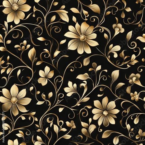 Wallpaper Mural Seamless Pattern - Elegant gold floral pattern on black background. Torontodigital.ca