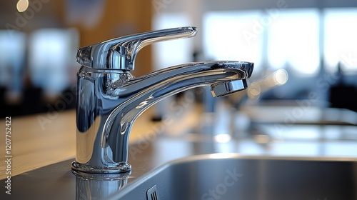 Modern chrome faucet positioned over a kitchen sink with natural light shinin...