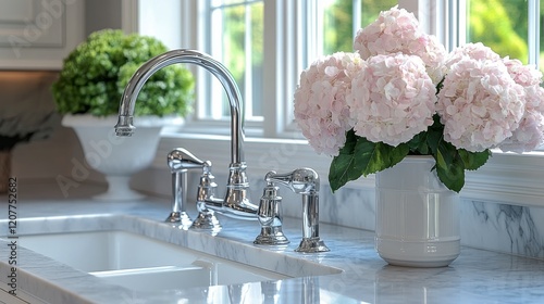 Modern chrome faucet positioned over a kitchen sink with natural light shinin...