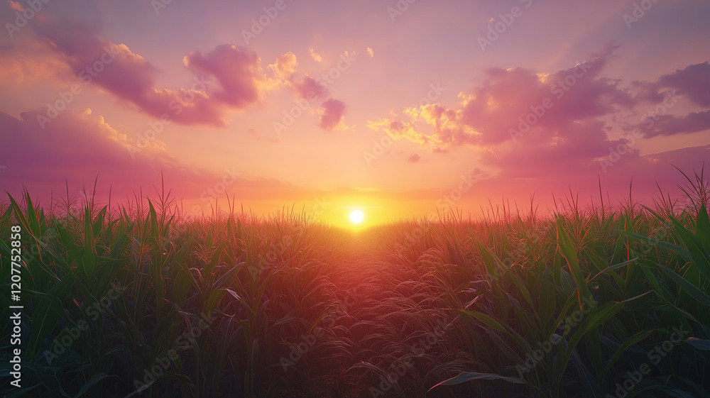 Golden sunset over a vast cornfield in an Asian countryside, symbolizing the bountiful harvest. Golden sunset over a vast cornfield in an Asian countryside, symbolizing the bountiful harvest.