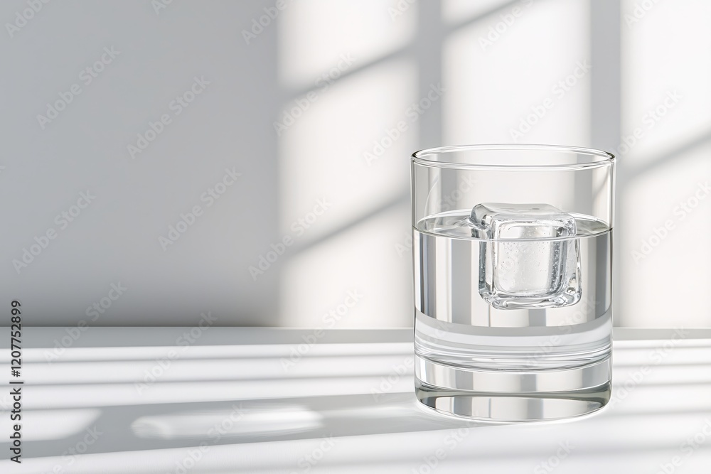 Refreshing Glass of Water with Ice Cube Minimalist White Background