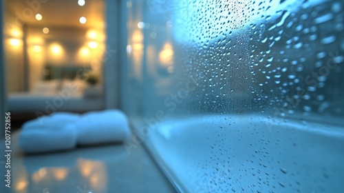 Modern bathroom with warm orange lighting and steam on glass panels in a styl...