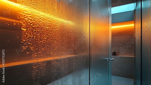 Modern bathroom with warm orange lighting and steam on glass panels in a styl...