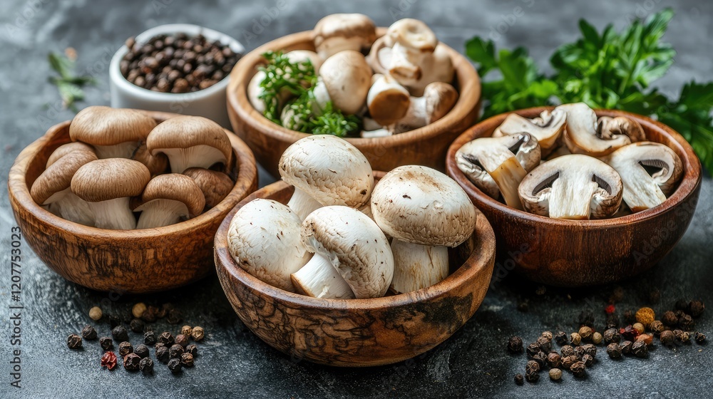 Mushrooms and fresh herbs in rustic wooden bowls on dark table with assorted spices showcasing natural kitchen ingredients Mushrooms and fresh herbs in rustic wooden bowls on dark table with assorted spices showcasing natural kitchen ingredients
