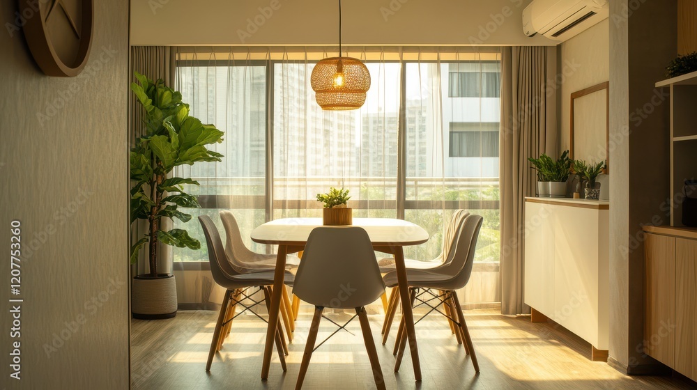 Fototapeta premium The home living room interior features a cozy fireplace paired with a stylish drawer and coffee table, creating a warm and inviting atmosphere.