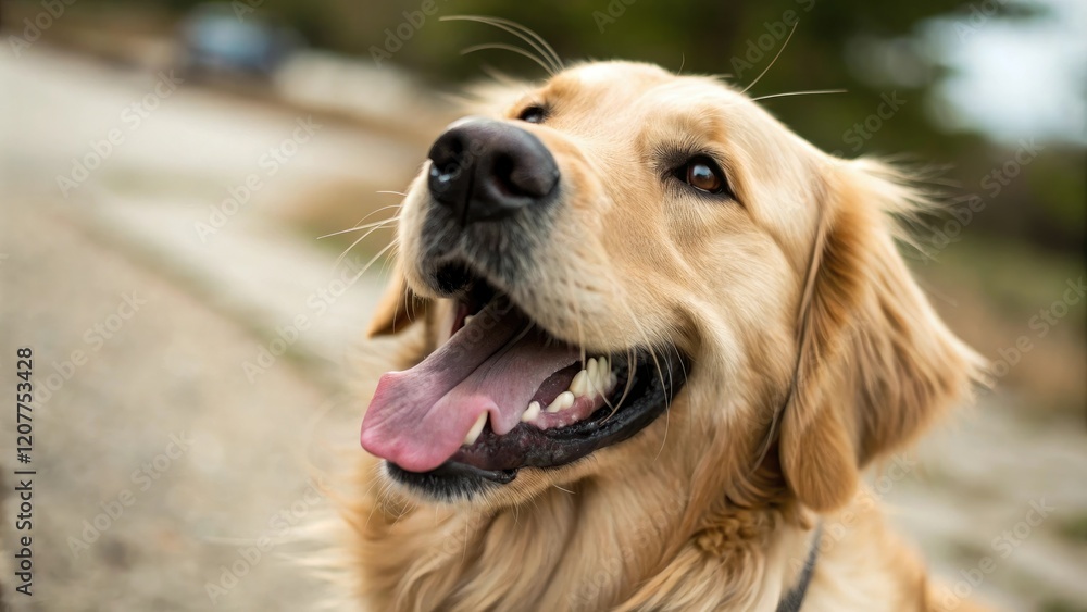 Close-up of a smiling golden retriever's face with tongue out looking excited and joyful, happy golden retriever, excited puppy, playful breed Close-up of a smiling golden retriever's face with tongue out looking excited and joyful, happy golden retriever, excited puppy, playful breed