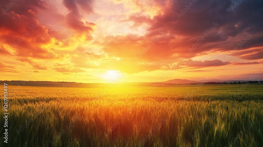 Stunning sunset view over lush green field with vibrant clouds illuminating the horizon in a picturesque natural landscape. Stunning sunset view over lush green field with vibrant clouds illuminating the horizon in a picturesque natural landscape.