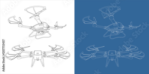 technical drawing of drone or quadcopter. blueprint line vector . Front and side view isolated on transparent background