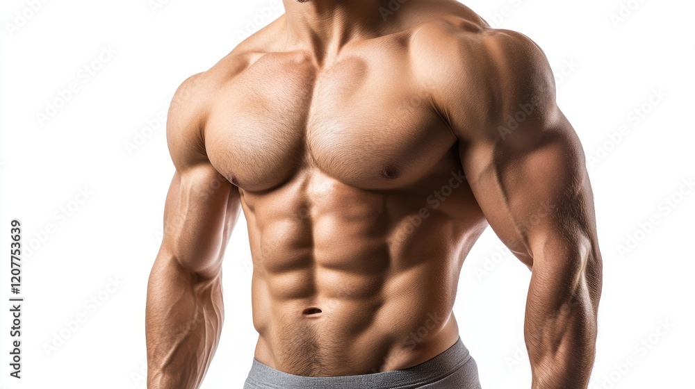 Fototapeta premium Muscular male torso showcasing defined physique and strength isolated against a clean white background for fitness and wellness concepts.