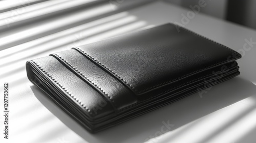 Elegant black leather wallet displayed on a light surface in soft lighting
