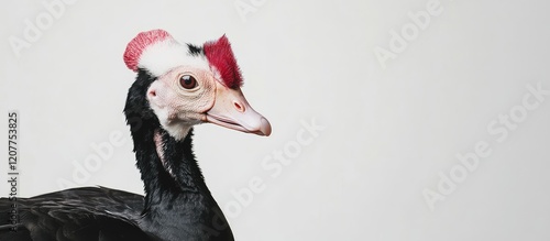 Muscovy Duck Profile in Crisp White Background Showcasing Unique Red and Black Feather Details Ideal for Text Overlay and Nature Themes photo