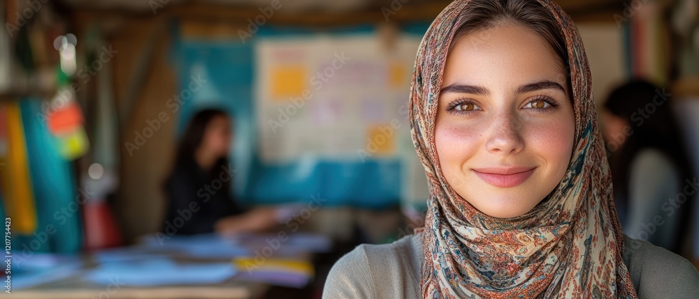 Young Woman in a Colorful Scarf Smiles in a Vibrant Workspace with Colleagues Young Woman in a Colorful Scarf Smiles in a Vibrant Workspace with Colleagues