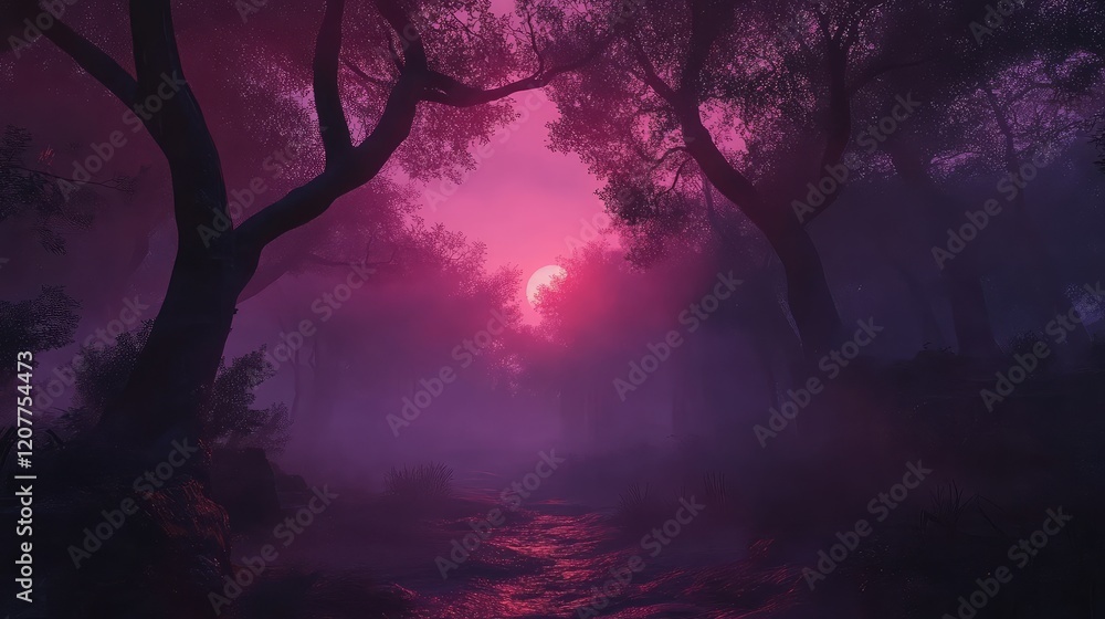 Obraz premium Twilight forest scene shrouded in mysterious fog with vibrant pink and purple hues illuminating trees and a tranquil path through nature.