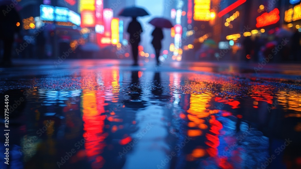 custom made wallpaper toronto digitalRainy Evening in a Vibrant City with Silhouettes Holding Umbrellas, Reflecting Lights