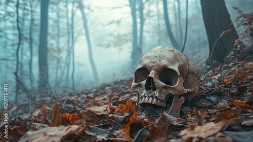 Wallpaper Mural Mystical forest scenery with a weathered skull surrounded by autumn leaves and soft fog in shades of blue and brown. Torontodigital.ca