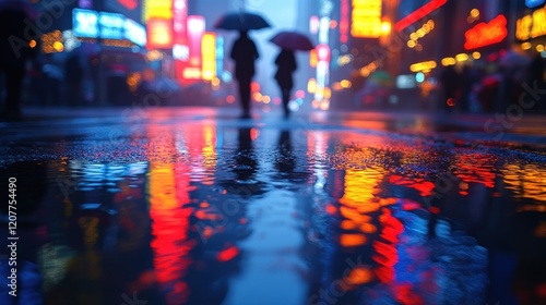 Wallpaper Mural Rainy Evening in a Vibrant City with Silhouettes Holding Umbrellas, Reflecting Lights Torontodigital.ca