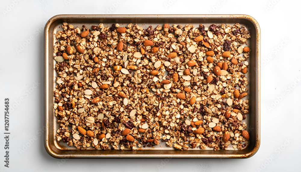 Homemade granola with nuts and seeds on baking sheet with ingredients. Granola for healthy breakfast on white, top view, copy space Homemade granola with nuts and seeds on baking sheet with ingredients. Granola for healthy breakfast on white, top view, copy space