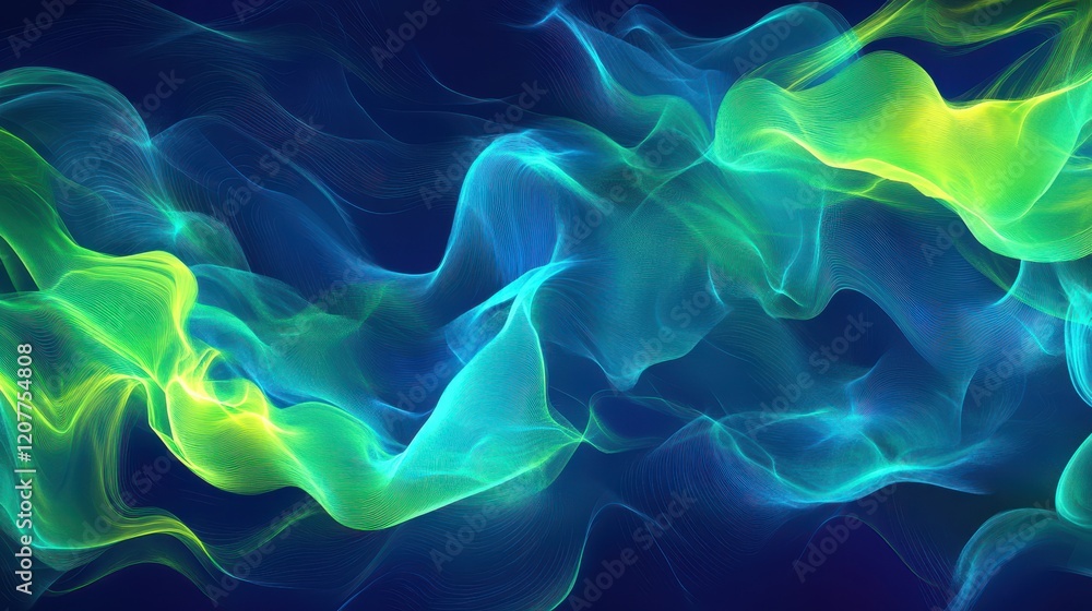 Obraz premium The image showcases vibrant neon green and blue chart waves, with a dynamic diagram that illustrates data trends and patterns.