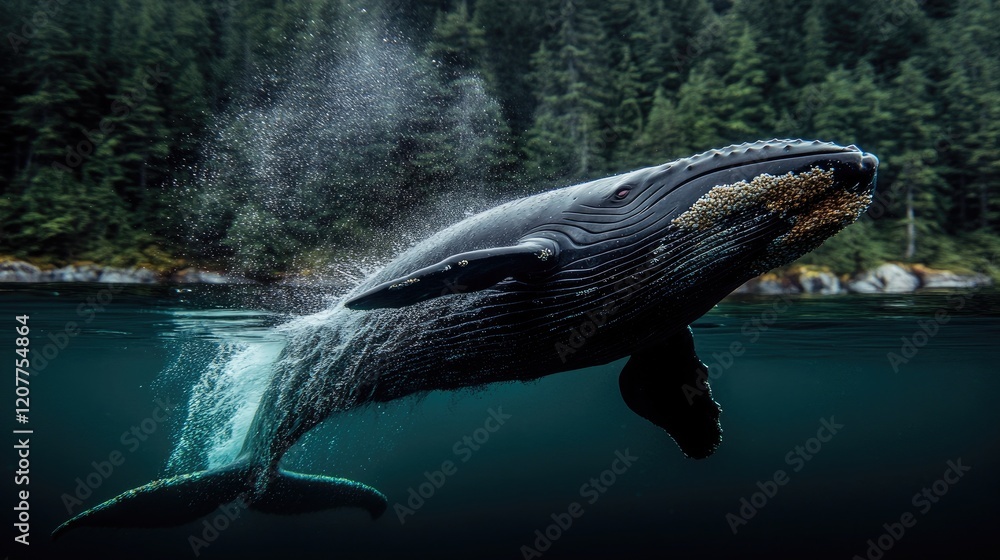 Obraz premium Majestic humpback whale swimming gracefully underwater amidst a serene forested backdrop
