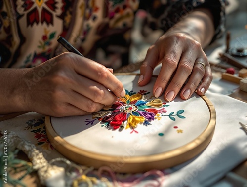 a person engaged in the art of embroidery, carefully stitching colorful threads onto a circular canvas or hoop. The scene captures the intricate details and delicate nature of hand embroidery, highlig photo