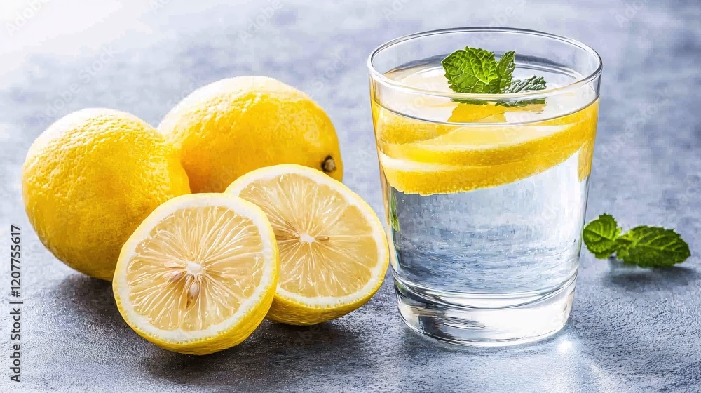 Refreshing lemon water with mint and fresh lemons on a gray textured surface still life Refreshing lemon water with mint and fresh lemons on a gray textured surface still life