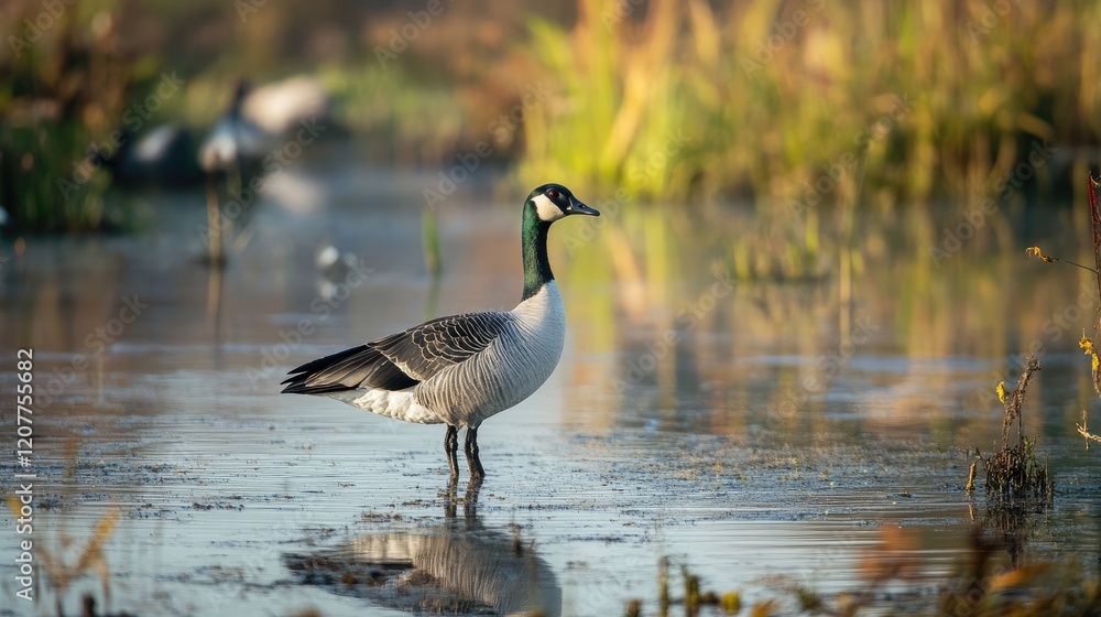 Nurturing Wetlands Habitat with a Beautiful Goose Standing Gracefully in Serene Reflections of Nature Nurturing Wetlands Habitat with a Beautiful Goose Standing Gracefully in Serene Reflections of Nature