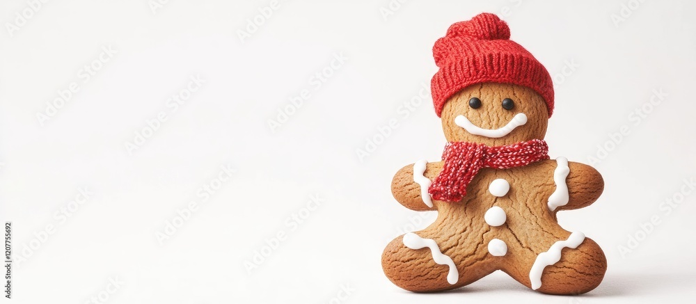 Gingerbread man cookie with cheerful expression wearing red knitted hat and scarf on bright white background with ample copy space for text