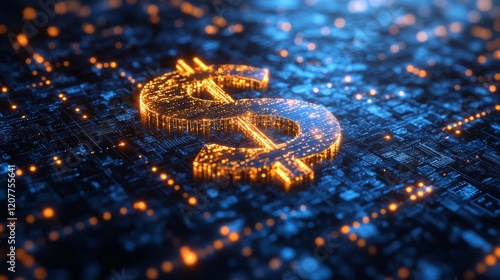 Dynamic glowing symbol on a digital background representing technology and in...