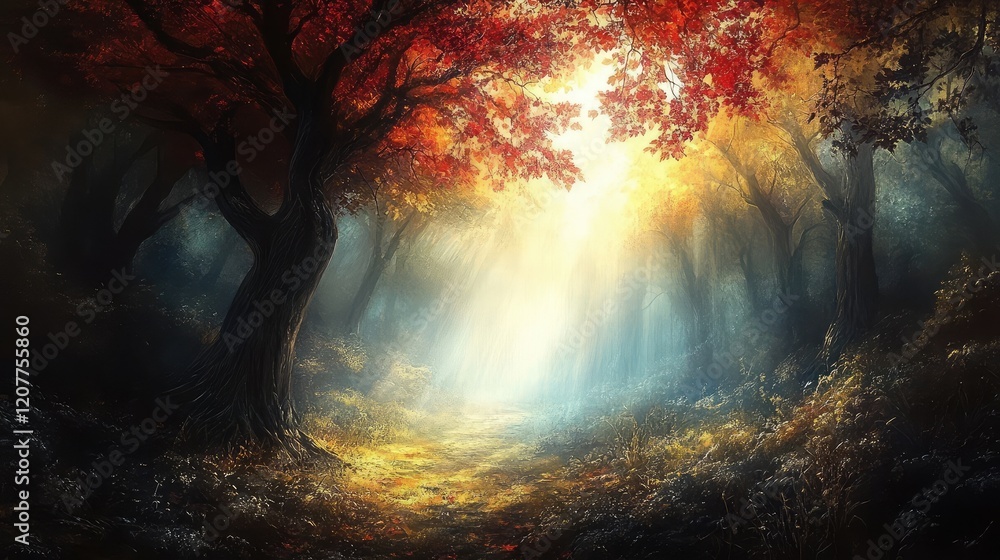 Enigmatic Autumn Forest Illuminated by Sunlight and Misty Atmosphere with Golden and Red Foliage in Twilight Setting Enigmatic Autumn Forest Illuminated by Sunlight and Misty Atmosphere with Golden and Red Foliage in Twilight Setting