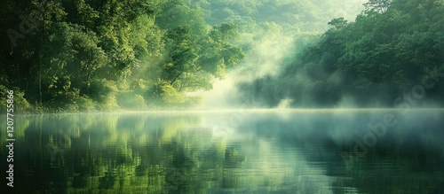 Serene misty morning lake surrounded by lush forests tranquil scene with ample negative space for text or graphic overlays