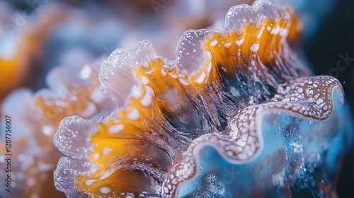 Close-up View of Vibrant Orange Blue Perna Canaliculus Mussel Shell Textures with Detailed Ridges in Underwater Setting photo